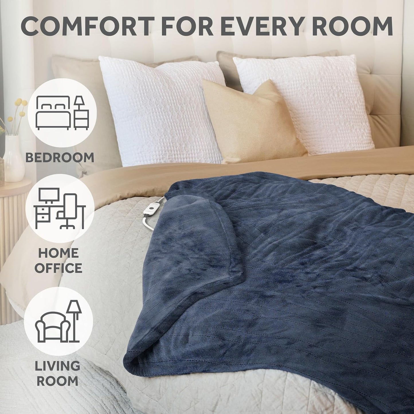 Sunbeam Royal Posh Dove Grey Heated Personal Throw / Blanket, Cozy-Warm, Adjustable Heat Settings
