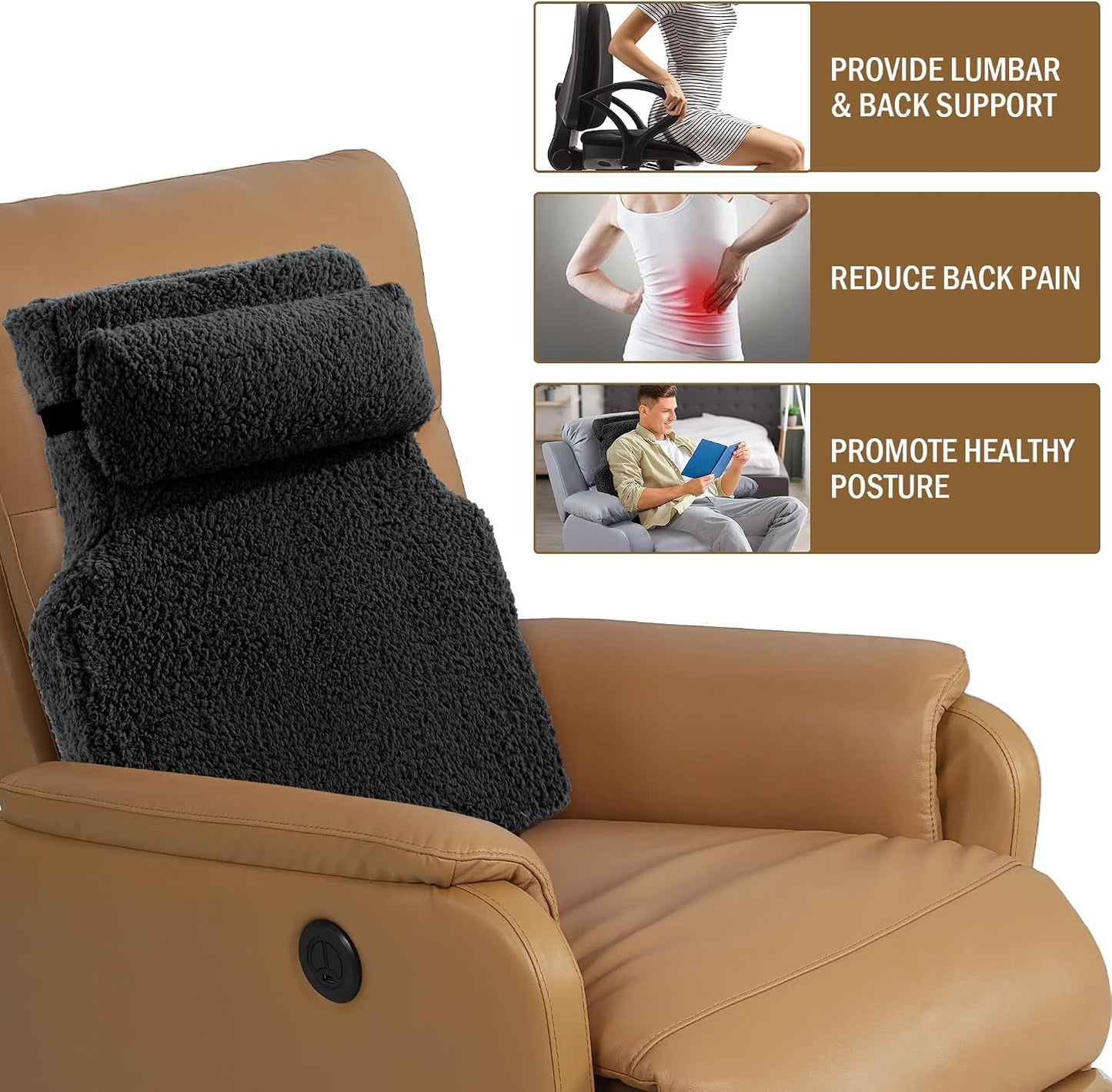 HOMBYS Sherpa Fleece Lumbar Support Pillow with Headrest for Recliner,Memory Foam Recliner Chair Cushion for Back Pain,Big High Back Support for Recliner with Chair Headrest for Elderly (Khaki)