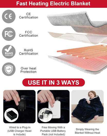 KFUBUO Wearable Heated Blanket Cordless Oversized Hoodie Sweatshirt