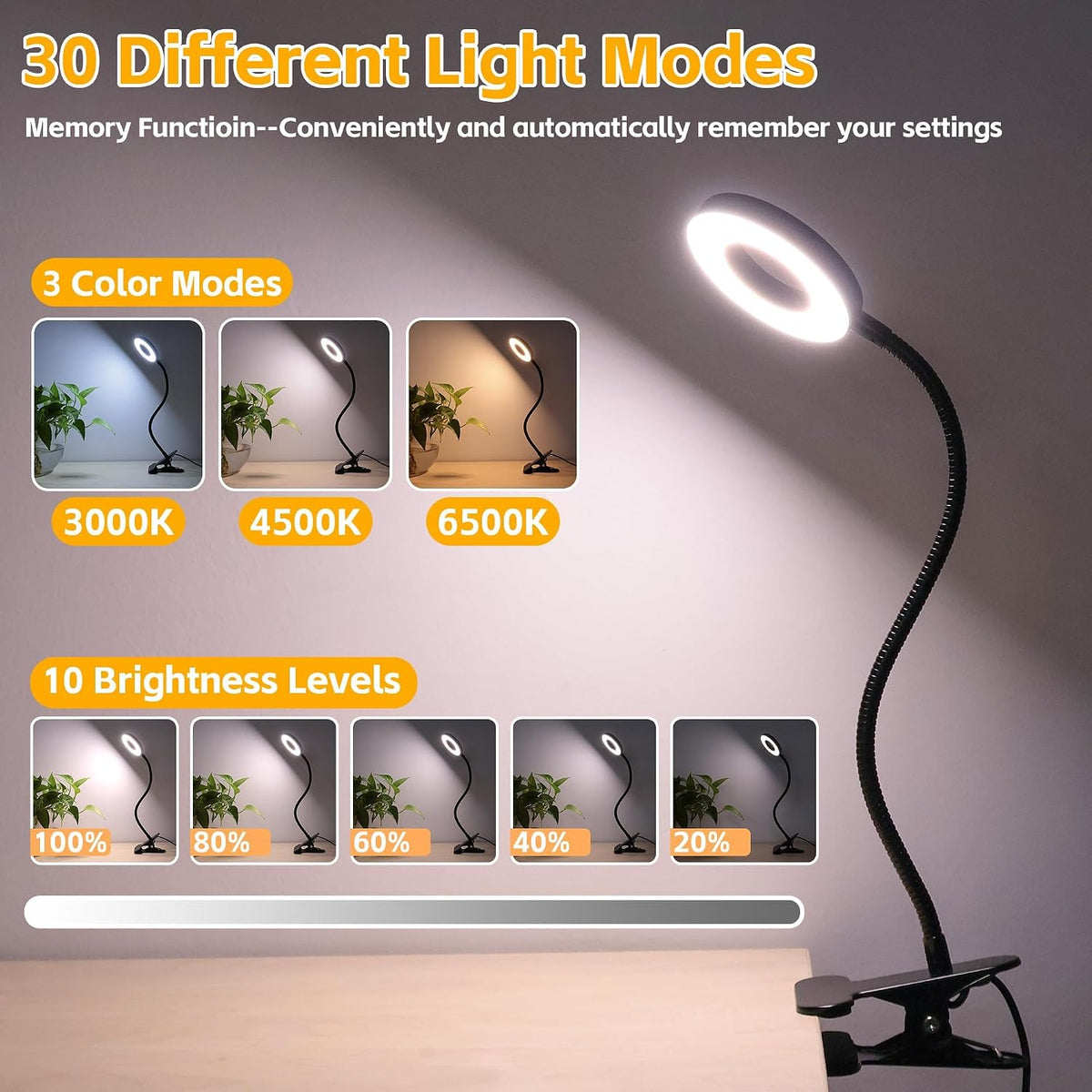 Foneso Desk Lamp Clip on Light, 48 LED USB Lamp with 3 Color Modes 10 Brightness Levels, 360° Flexible Gooseneck Eye Protection Bed Night Light for Reading, Makeup, Craft (Black)