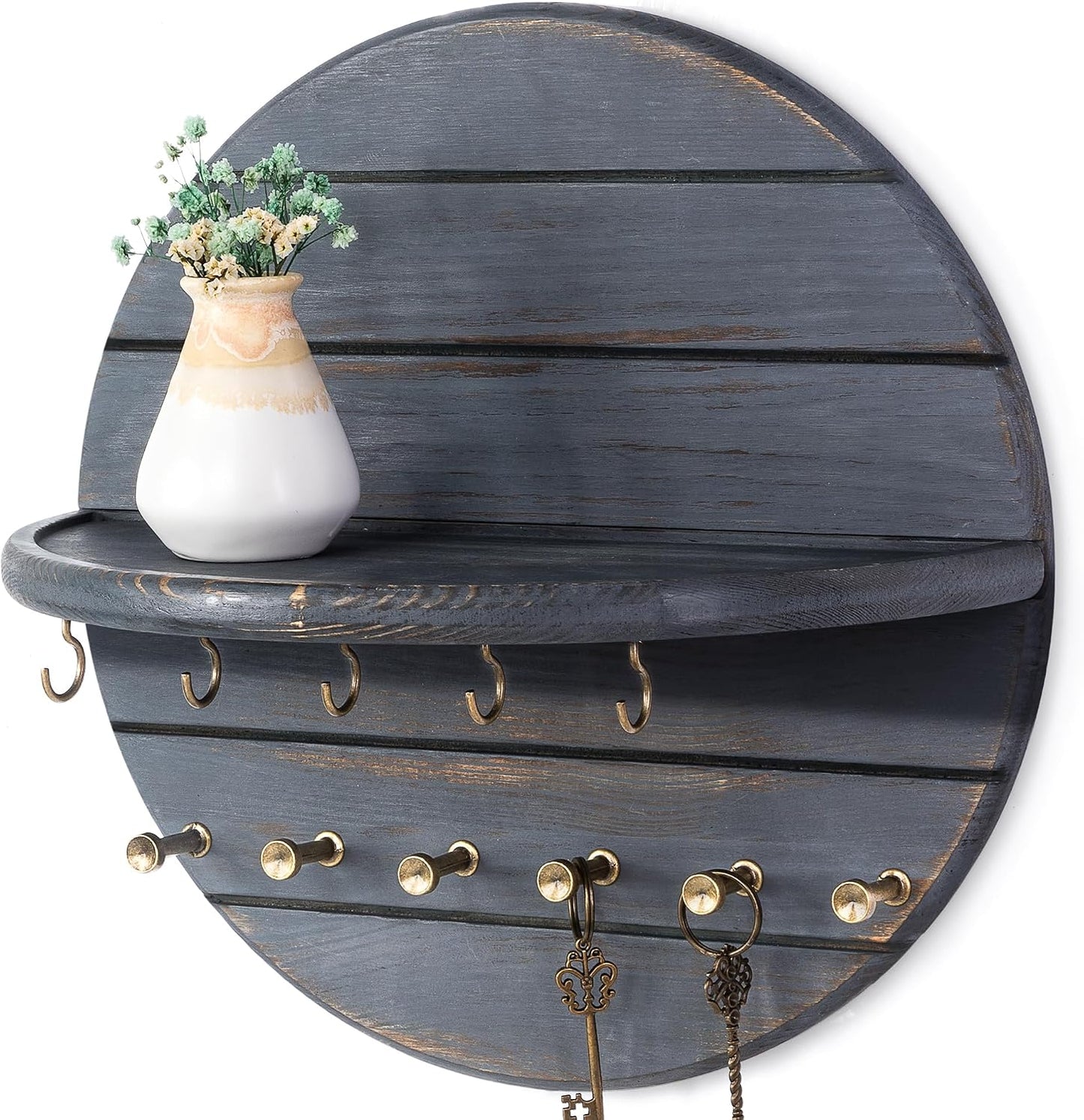 Rebee Vision Pine Wood Round Key Holder Wall Mount for Home Decor, Brown | Round Corner, Key Hooks for Dog leashes & Sunglasses, Display Shelf for Plant & Letters, Mail Organizer, Home Essentials