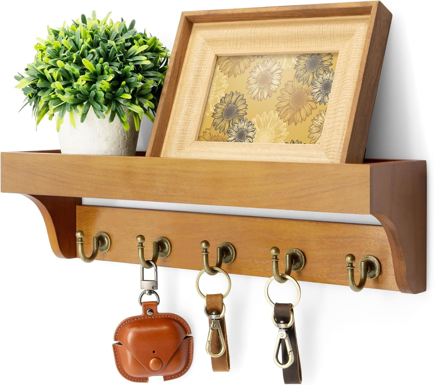 Rebee Vision Key Holder Wall Mount with 5 Hooks for Entryway, Retro Brown | Display Shelf for Plant & Letters, Key Shelf for Hats, Dog Leashes, Mail Organizer, Decorative Entryway & Living Room