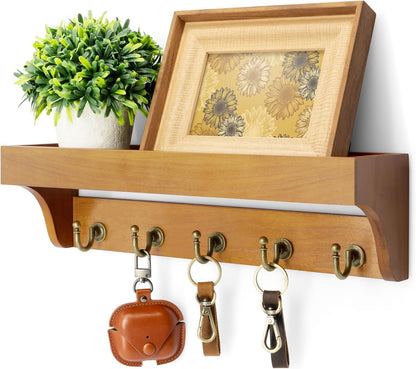 Rebee Vision Key Holder Wall Mount with 5 Hooks for Entryway, Retro Brown | Display Shelf for Plant & Letters, Key Shelf for Hats, Dog Leashes, Mail Organizer, Decorative Entryway & Living Room