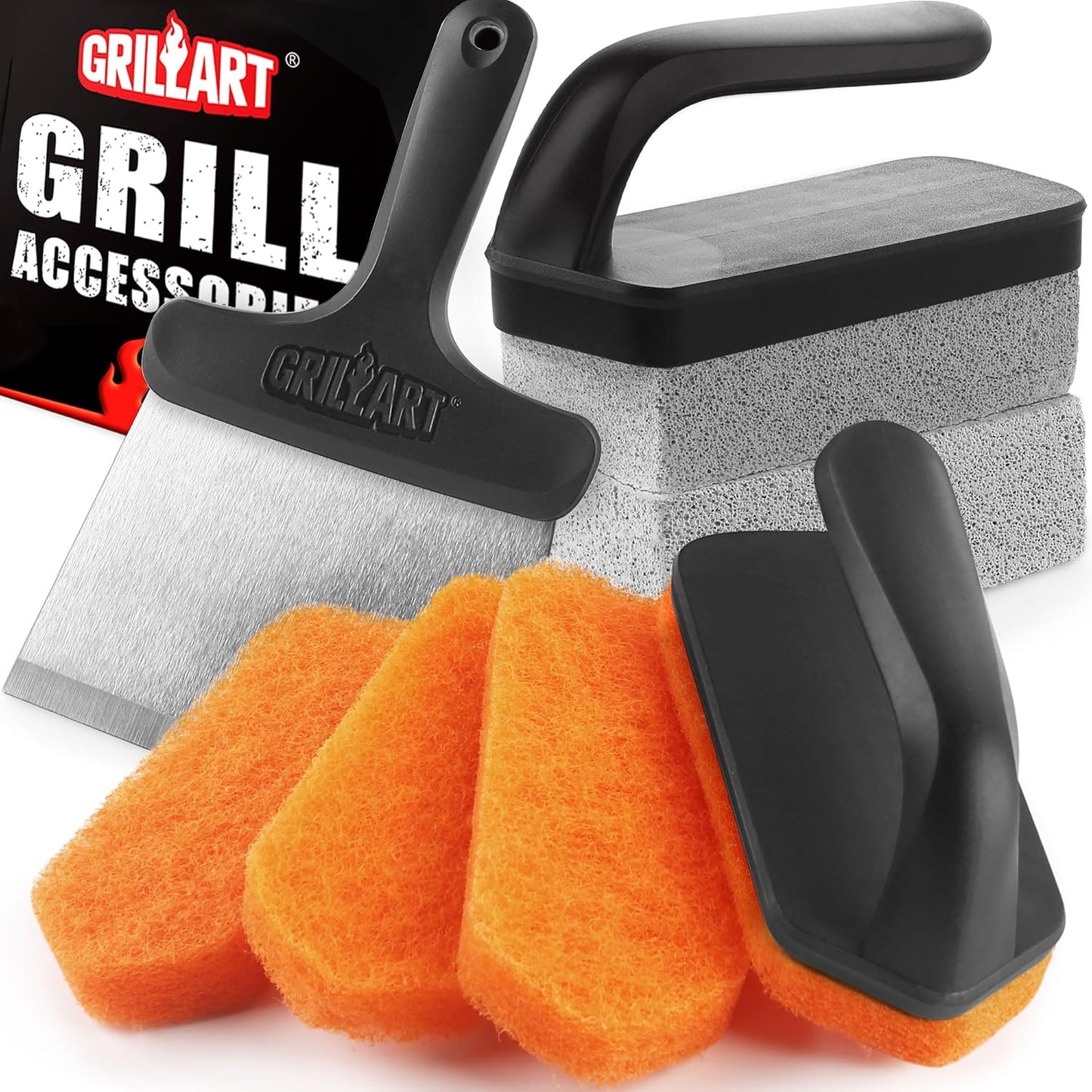 GRILLART Griddle Cleaning Kit for Blackstone, Griddle Accessories Kit | One Set for All, with High-Density Grill Stone, Thicker Griddle Scraper, Better Control Handle, For Revome Rust & Daily Clean