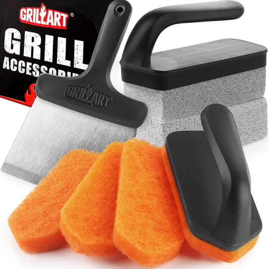 GRILLART Griddle Cleaning Kit for Blackstone, Griddle Accessories Kit | One Set for All, with High-Density Grill Stone, Thicker Griddle Scraper, Better Control Handle, For Revome Rust & Daily Clean