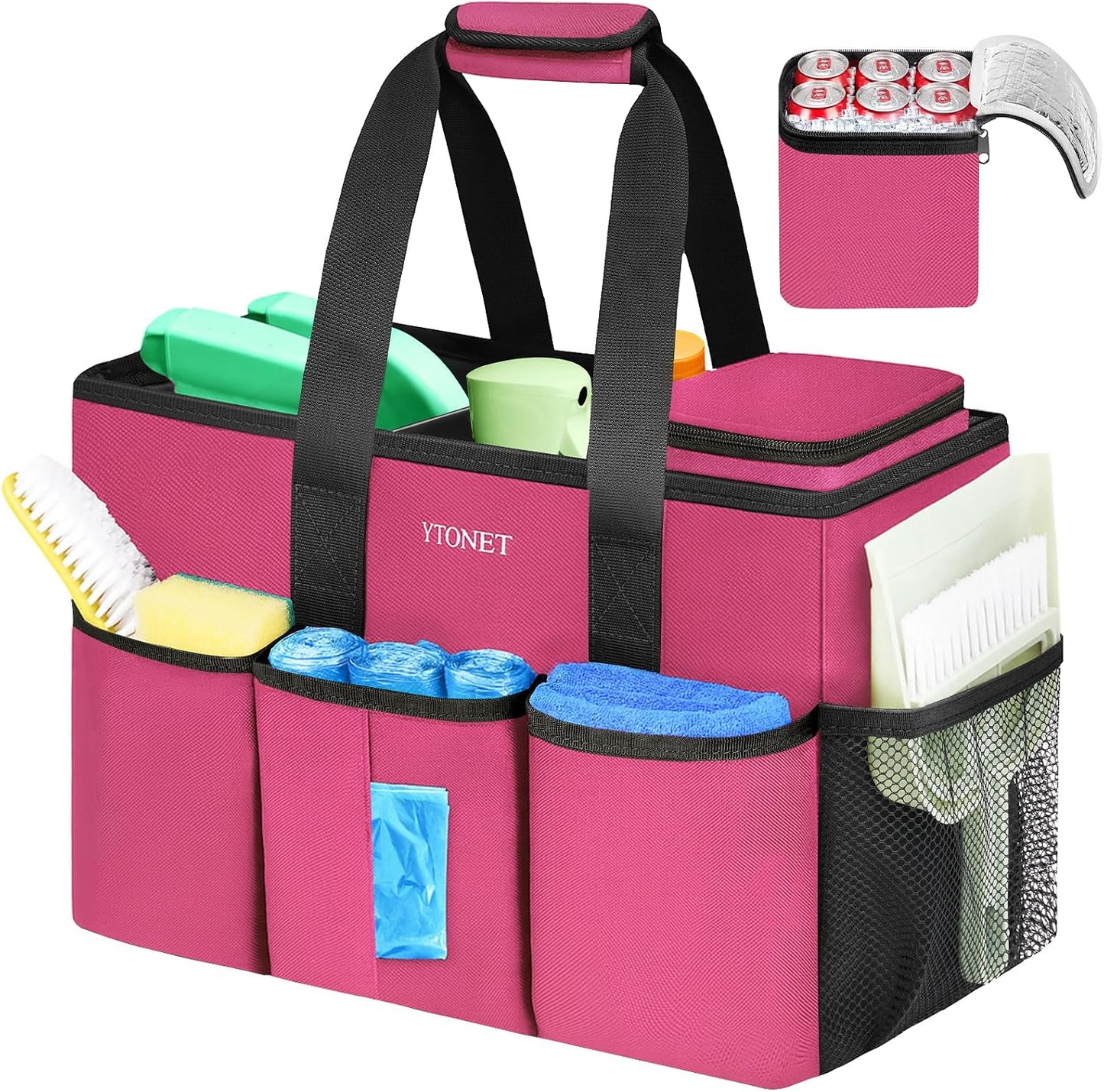 Ytonet Portable Cleaning Caddy with Handle, Water Resistant Cleaning Bag | with Handle & Foldable Divider for Cleaners, Housekeeping Tote for Kitchen & Bathroom, Car Tool Caddy Organizer Bag, Rosered