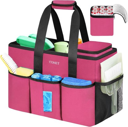 Ytonet Portable Cleaning Caddy with Handle, Water Resistant Cleaning Bag | with Handle & Foldable Divider for Cleaners, Housekeeping Tote for Kitchen & Bathroom, Car Tool Caddy Organizer Bag, Rosered