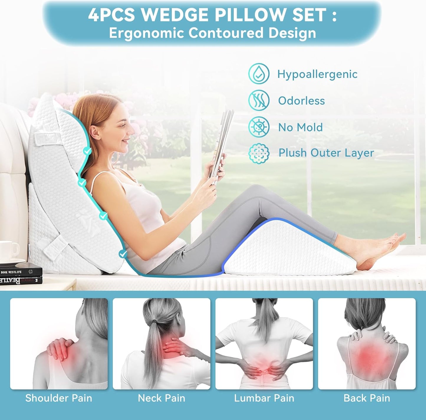 Kingfun 4PCS Orthopedic Bed Wedge Pillow Set for Sleeping, Post Surgery Memory Foam Support Pillows for Back, Neck and Leg Pain Relief, Adjustable Triangle Pillow - Acid Reflux, Anti Snoring & GERD