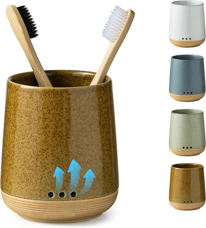LYEOBOH Ceramic Toothbrush Cup, Cute Toothbrush Holder with Drainage White | Farmhouse Toothbrush Container, Countertop Toothbrush Organizer, Toothbrush Storage for Bathroom Vanity & Countertop
