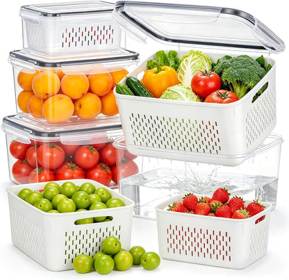 HOMETALL 4 Pack Fruit Storage Containers for Fridge Set, Produce Containers for Fridge with Strainer, Plastic Reusable Fridge Organizers and Storage for Berry Salad Lettuce, Size 3.4, 1.8, 0.9, 0.4QT
