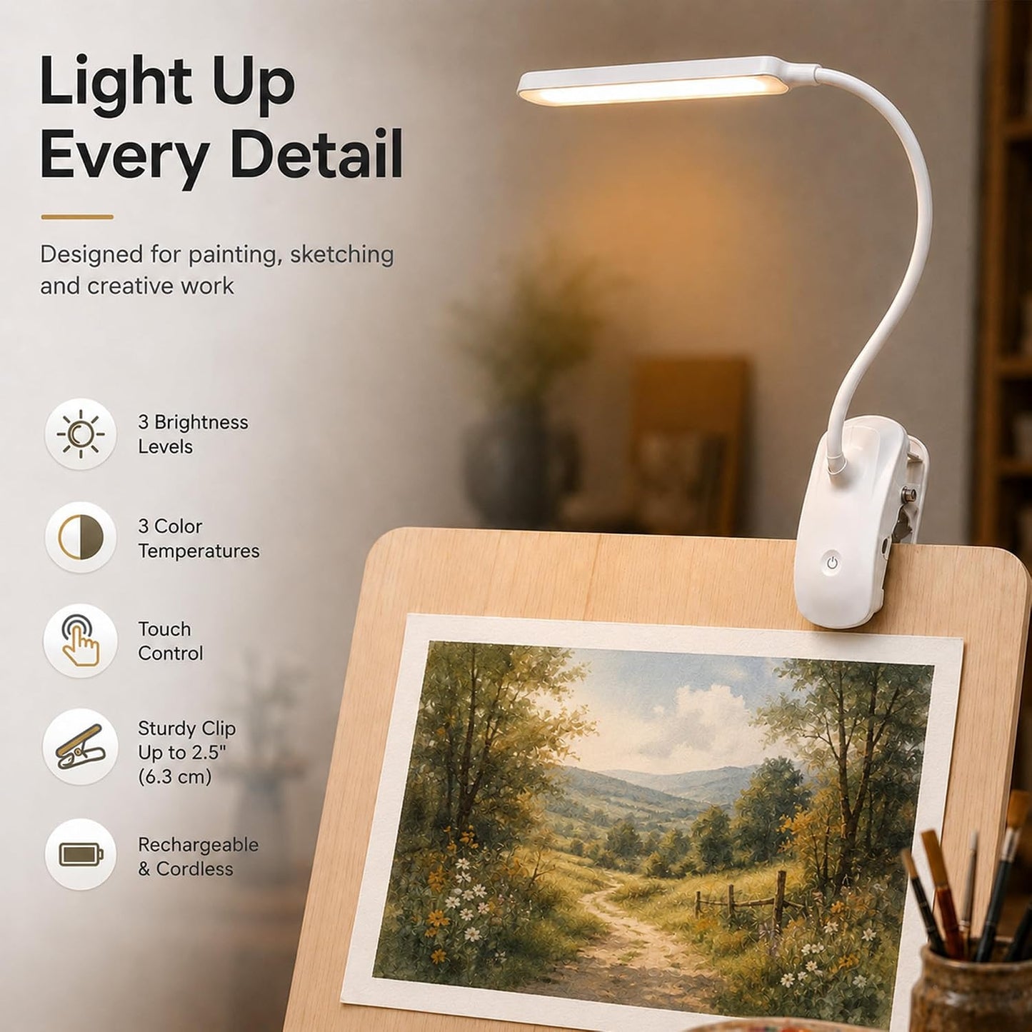 Rechargeable Easel Light for Painting, 45cm LED Lamp Bar | Artist Lighting for Canvas Work, 3 Color Modes, 3200mAh Clip On Desk Lamp, Flexible Gooseneck, Sturdy Clamp