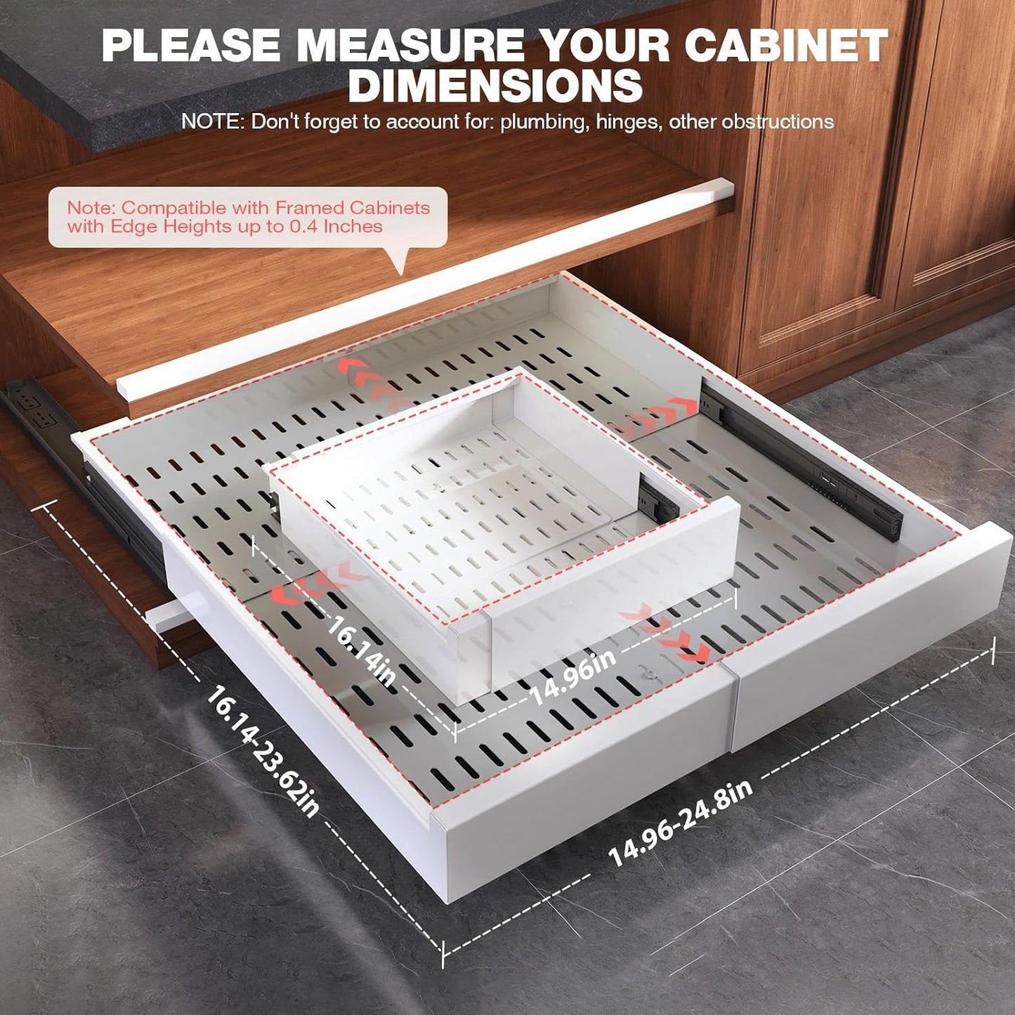 Seinloes Pull Out Cabinet Organizer,4-Side Expandable to Maximize Cabinet Space,Slide Out Drawers with 3 Rail Design,Roll Out Shelf with Raising Pad for Framed Cabinet,13"-21"W x 17"-24"D,White,2 Pack