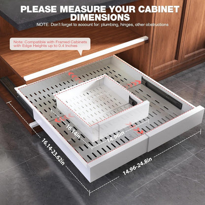 Seinloes Pull Out Cabinet Organizer,4-Side Expandable to Maximize Cabinet Space,Slide Out Drawers with 3 Rail Design,Roll Out Shelf with Raising Pad for Framed Cabinet,13"-21"W x 17"-24"D,White,2 Pack