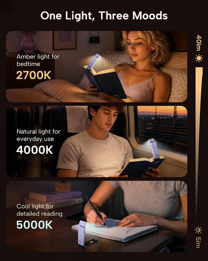86lux Book Light, Rechargeable Clip-On LED Reading Light for Bed | 3 Color Temperatures with Stepless Dimming, Ultralight Bookmark Design for Book Lovers, Grey
