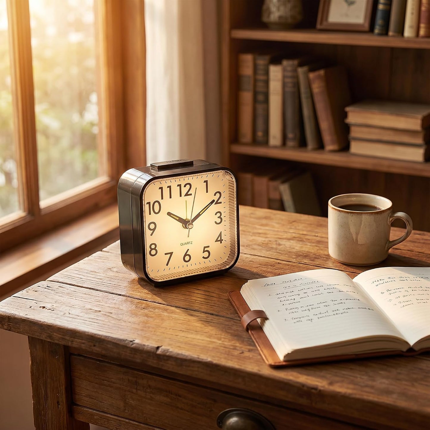 Small Analog Alarm Clock Battery Operated with Warm Glow Nightlight, Silent Non-Ticking Quartz Desk Clock, Easy-to-Read Dial, Battery Powered Travel Table Clock for Bedroom, Students, Office（black)