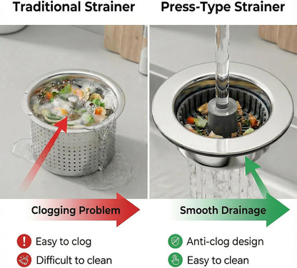 Solid Brass Body 3-in-1 Kitchen Sink Drain Strainer & Stopper, Heavy Duty Pop Up Plug Assembly with 2 Baskets, Anti-Clog Replacement for US Standard 3-1/2 Inch Drains, Rust-Proof Silver