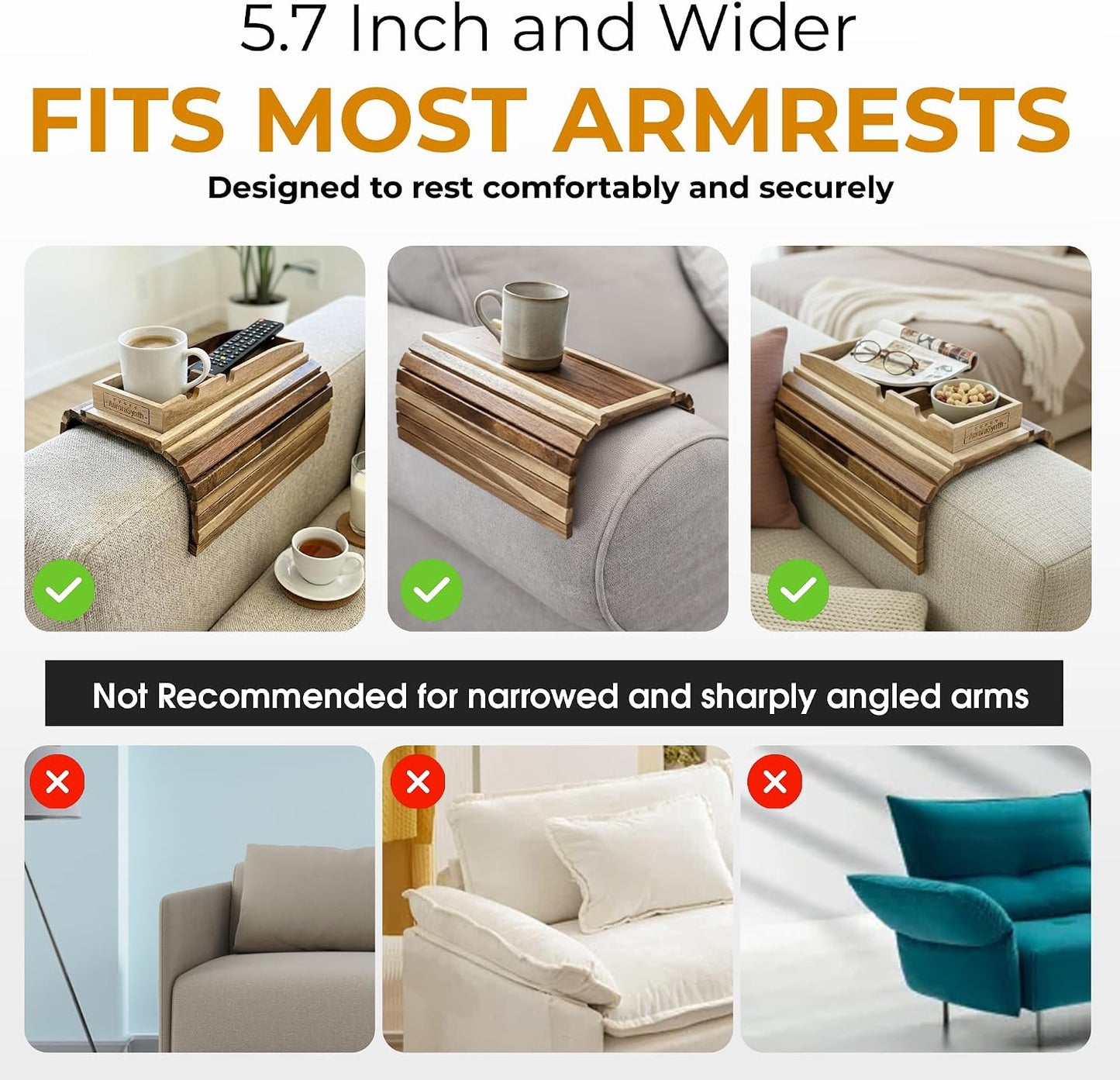 Bamboo Couch Cup Holder, 2 Cork Coasters, Anti-Slip Foldable Couch Arm Tray | 2 in 1 Foldable Sofa Arm Tray, Couch Armrest Table, Anti-Spill Couch Arm Table for Drinks TV Remote Cellphone Snacks