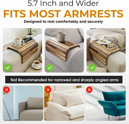 Bamboo Couch Cup Holder, 2 Cork Coasters, Anti-Slip Foldable Couch Arm Tray | 2 in 1 Foldable Sofa Arm Tray, Couch Armrest Table, Anti-Spill Couch Arm Table for Drinks TV Remote Cellphone Snacks