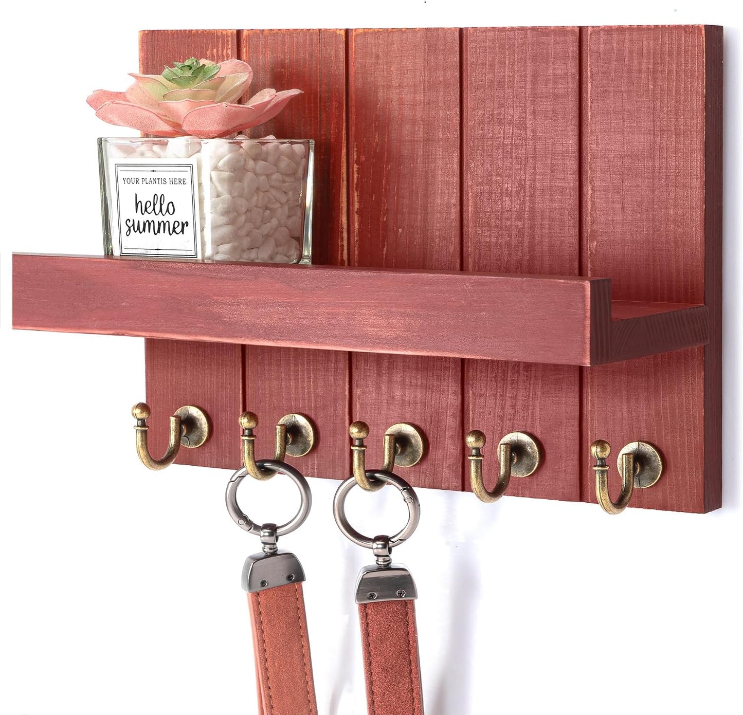 Rebee Vision Key Holder Wall Mount with 5 Key Hooks for Home Decor, Brown | 3.54'' x 10'' x 7.28'', Small Shelf for Display Plant, Key Hangers for Hat, Entryway Space-Saving Storage