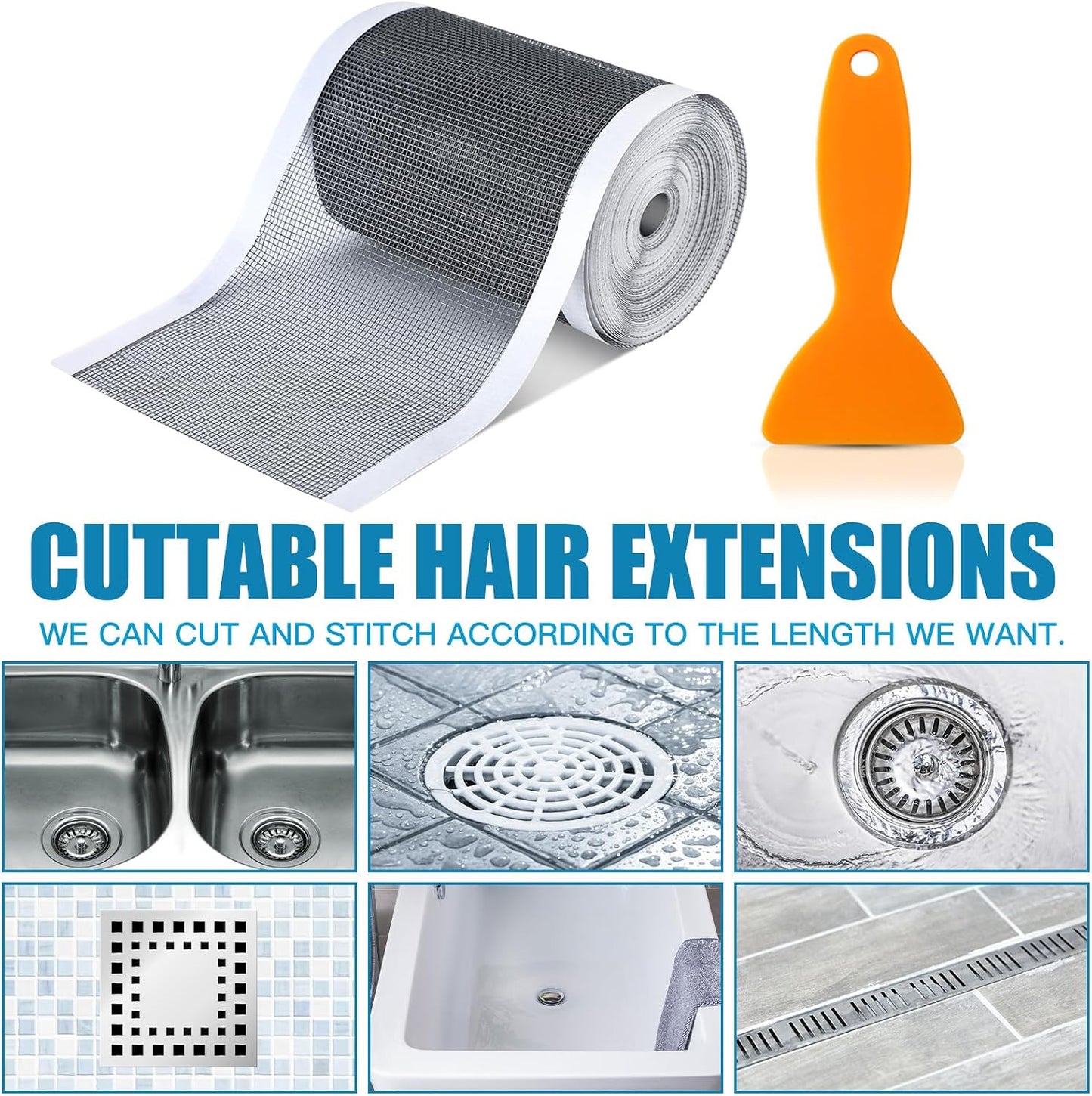 1 Pack Linear Shower Drain Hair Catcher Mesh Stickers Cutable | 4x33ft Disposable Adhesive Mesh Cover for Bathroom Kitchen Bathtub Floor Drains, DIY Install, Includes 2 Removal Tools