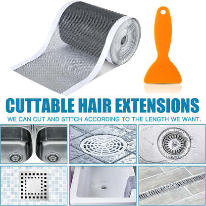 1 Pack Linear Shower Drain Hair Catcher Mesh Stickers Cutable | 4x33ft Disposable Adhesive Mesh Cover for Bathroom Kitchen Bathtub Floor Drains, DIY Install, Includes 2 Removal Tools