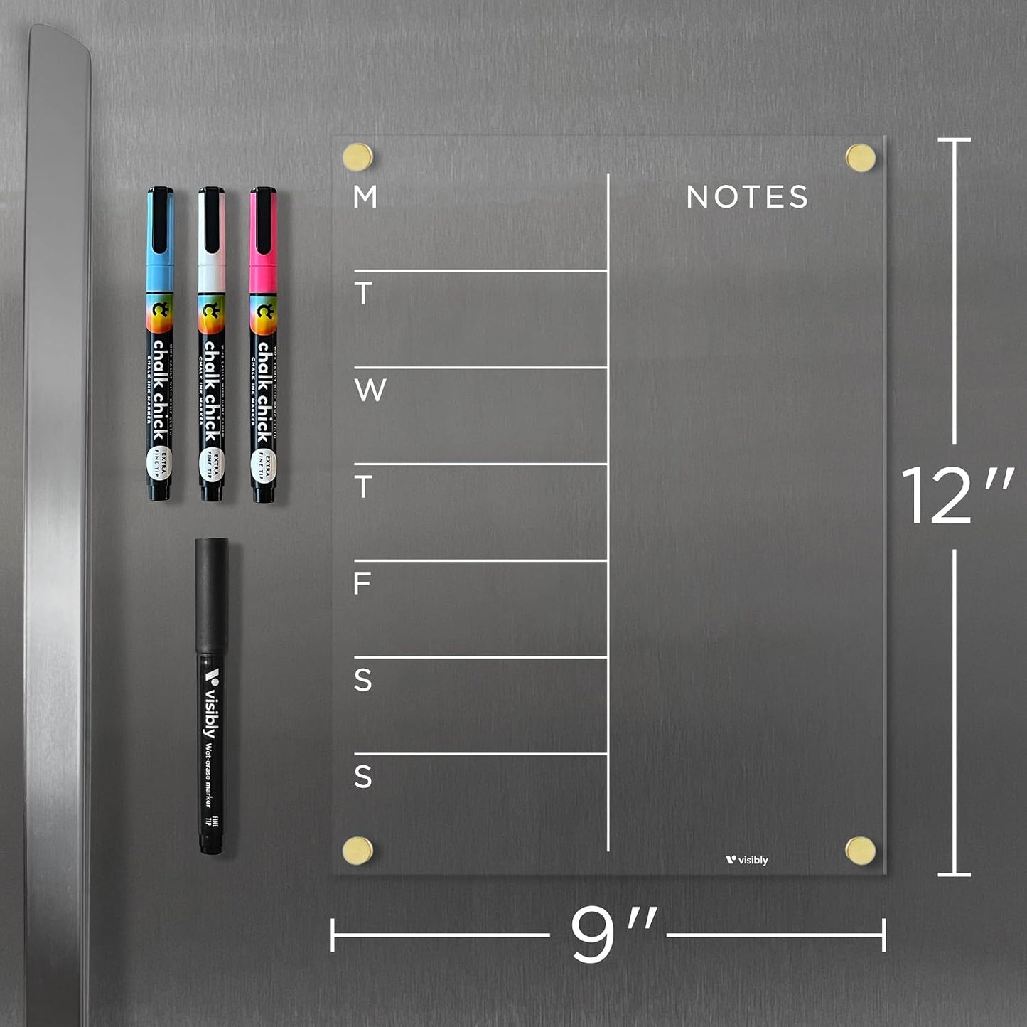 Magnetic Acrylic Weekly Planner for Fridge 9” x 12”, Clear Wet Erase Meal Planner & Notes Board, Refrigerator Organizer with 4 Magnetic Markers and Gold Corner Magnets