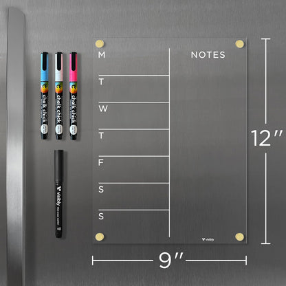 Magnetic Acrylic Weekly Planner for Fridge 9” x 12”, Clear Wet Erase Meal Planner & Notes Board, Refrigerator Organizer with 4 Magnetic Markers and Gold Corner Magnets