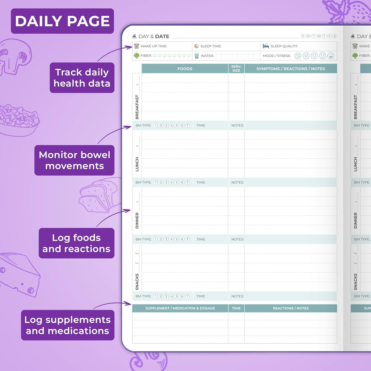 Clever Fox Food Sensitivity Journal & Symptom Diary, 8.5x11 Purple