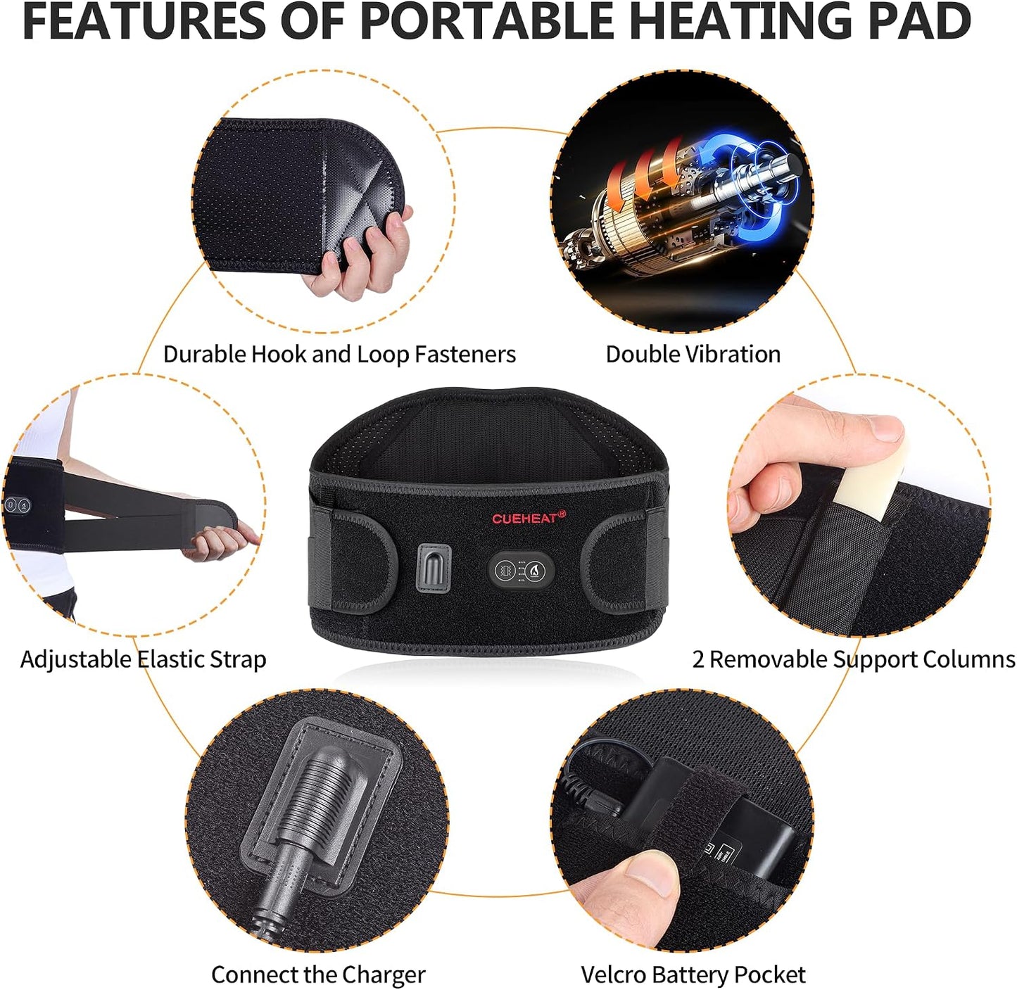 CUEHEAT Heated Waist Belt with Massage - Cordless Lower Back Heating Pad | 3 Heat Settings, 3 Vibration Modes, 7.AV Rechargeable Battery, Adjustable Fit for Wearable Lower Back Warmth