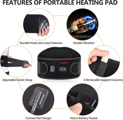 CUEHEAT Heated Waist Belt with Massage - Cordless Lower Back Heating Pad | 3 Heat Settings, 3 Vibration Modes, 7.AV Rechargeable Battery, Adjustable Fit for Wearable Lower Back Warmth