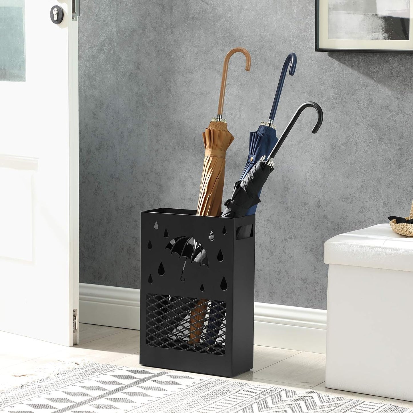 SONGMICS Metal Umbrella Stand, Rectangular, Removable Drip Tray, 4 Hooks | Umbrella Holder Rack, Cutout Design, for Entryway, Office, Matte Black, PATSY Collection ULUC03BK