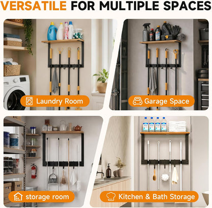 Broom Holder Wall Mount, Broom and Mop Organizer Wall Hanging with Solid Wood Frame,Organizer Rack Built with 4 Grippers & 3 Hooks; Broom Hanger Wall Mount for Laundry Room, Garages and Storage Room