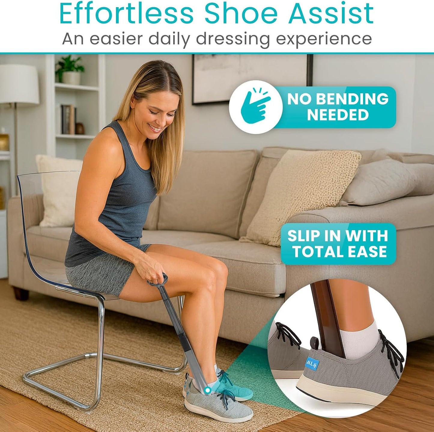 Vive Long Shoehorn for Seniors with Handle 23" | Sock Remover, Long Handled for Men & Women, Boot Shoe Helper and Sock Aid, Extra Reach, Patent-Pending Foldable