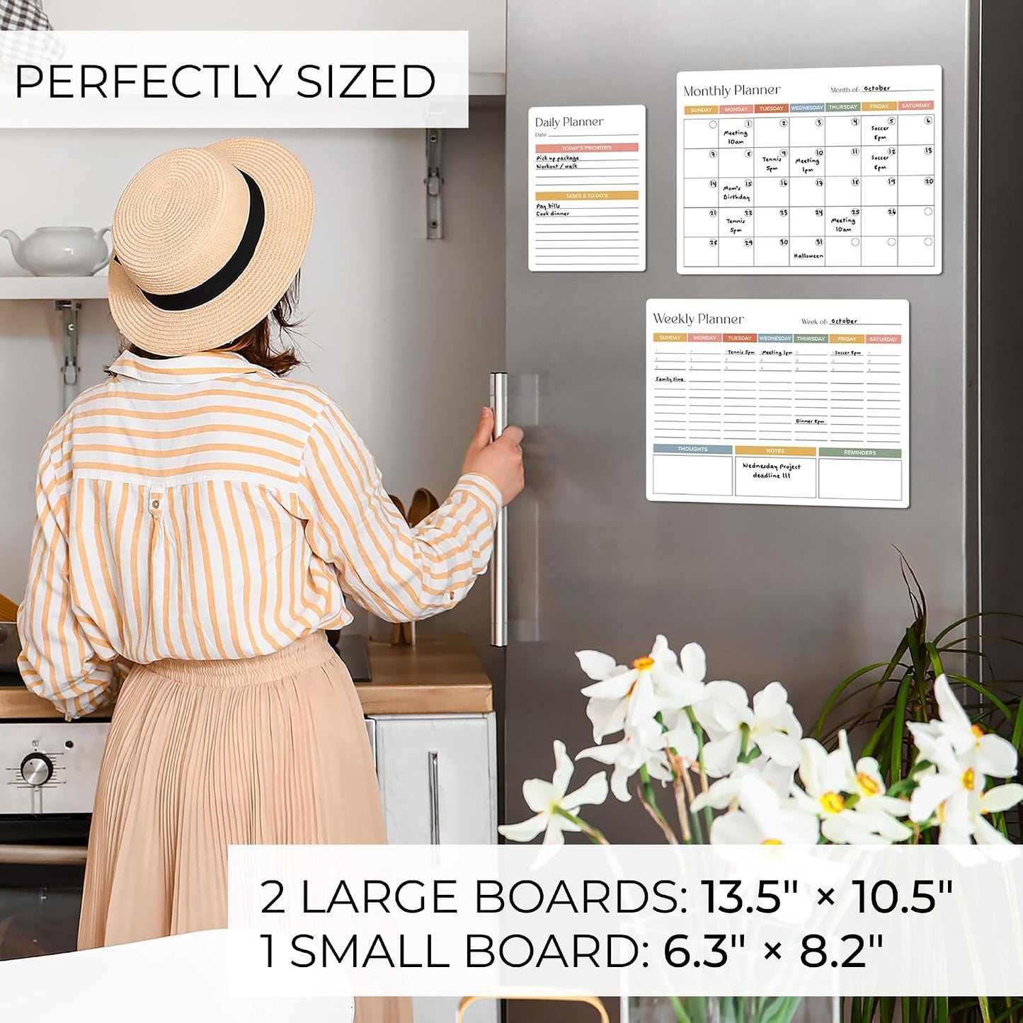 Beautiful Magnetic Dry Erase Calendar Set of 3 - Whiteboard with Marker | Easy to Erase Magnet Calendars for Your Fridge - The Perfect Weekly and Monthly White Board Organizer for Everyday Planning