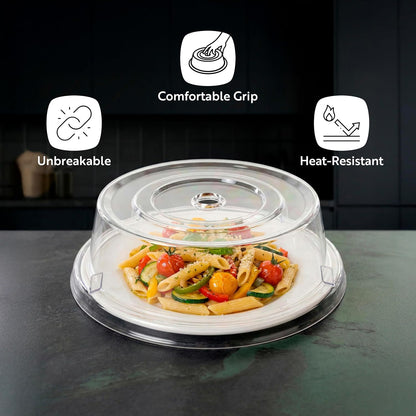 Restaurantware Cater Tek 11 Inch Polycarbonate Plate Cover 1 Shatterproof Dish Cover - Microwavable Endures Up To 210F Clear Plastic Splatter Cover With Finger Hole For 11 Inch Plates