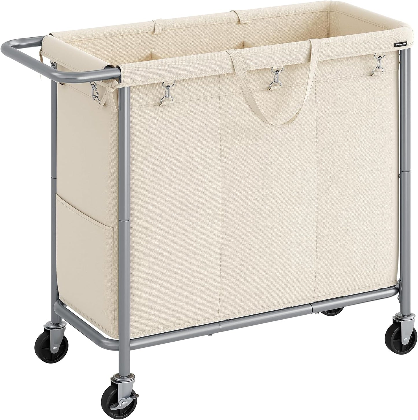 SONGMICS Laundry Basket with Wheels, 4-Section Rolling Laundry Hamper, 68.6 Gallons (260 L), Removable Liner, Steel Frame with Handle, 43.3 x 15.4 x 31.9 Inches, Cream White URLS014W01