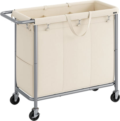 SONGMICS Laundry Basket with Wheels, 4-Section Rolling Laundry Hamper, 68.6 Gallons (260 L), Removable Liner, Steel Frame with Handle, 43.3 x 15.4 x 31.9 Inches, Cream White URLS014W01
