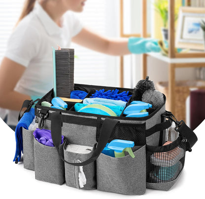 LoDrid Wearable Cleaning Caddy Bag with 4 Foldable Dividers, Black | Cleaning Supply Organizer with Shoulder Strap and Side Handles for Cleaners & Housekeepers
