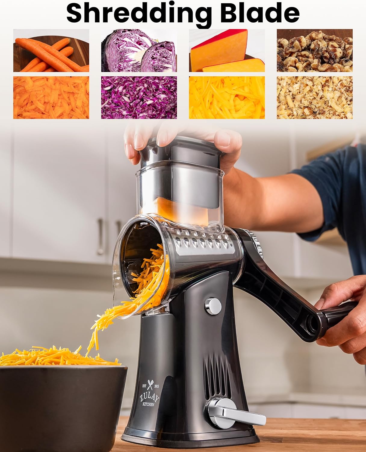 Zulay Kitchen Rotary Cheese Grater 5 Blade Cheese Shredder - Manual Hand Crank Cheese Grater With Reinforced Suction & 5 Interchangeable Drums - Easy to Use, Vegetable Chopper Round Mandoline Slicer - Colors A