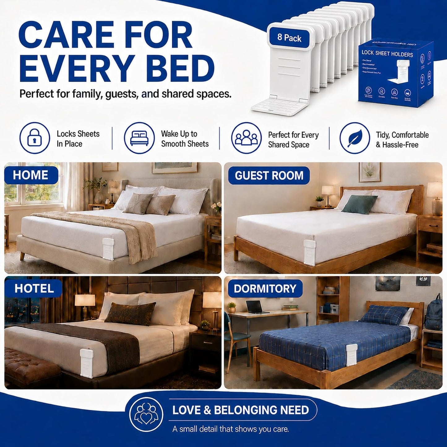 8pcs Bed Sheet Holders for Corners for King and Queen Beds Bed ABS&PC, 10 Non-Slip Mats, 180 Degrees Fold, Snap-Fastener Design, Adjustable Strap Clips, Tight Grippers - White Large