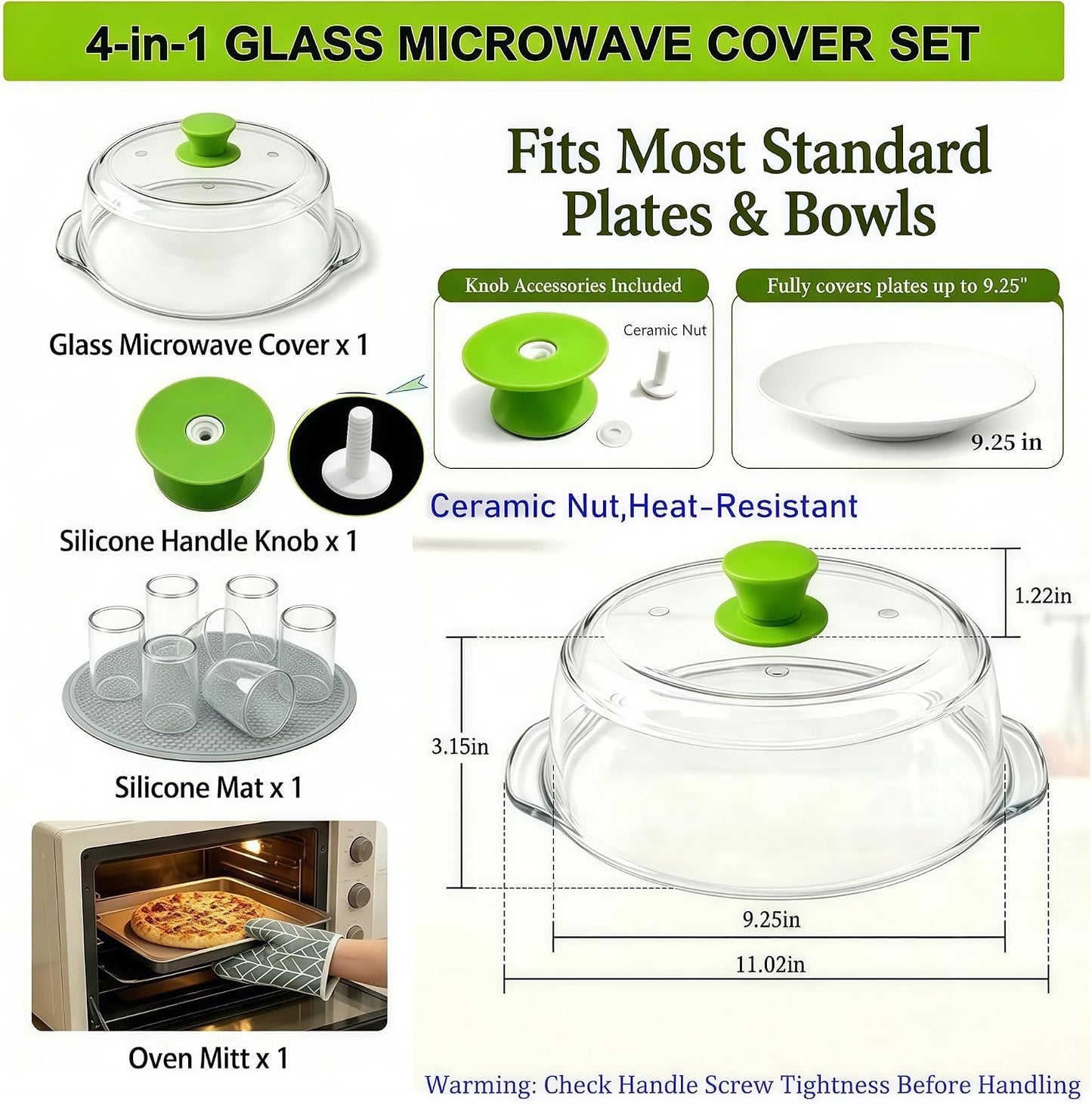 Glass Microwave Splatter Cover for Food 10 inch, 4 Vents, Heat Resistant | Borosilicate Glass Splatter Guard with Silicone Handle Knob and Mat,BPA Free,Dishwasher Safe,Dish Cover,4 in 1,Green