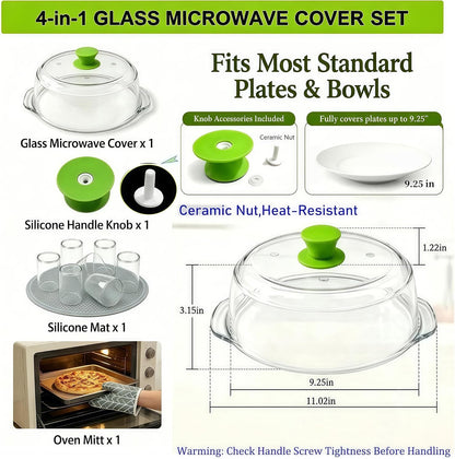 Glass Microwave Splatter Cover for Food 10 inch, 4 Vents, Heat Resistant | Borosilicate Glass Splatter Guard with Silicone Handle Knob and Mat,BPA Free,Dishwasher Safe,Dish Cover,4 in 1,Green