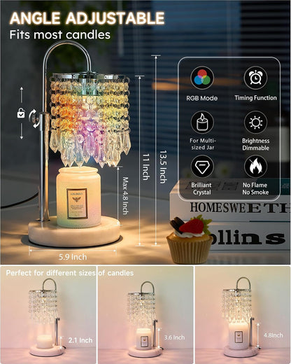 Candle Warmer Lamp with Timer Dimmer and 3 Bulbs, Candle Lamp Warmer with Marble Base for Adjustable Height, Crystal Candle Lamp for Jar Candles, House Warming Gifts Home Room Decor, Silver