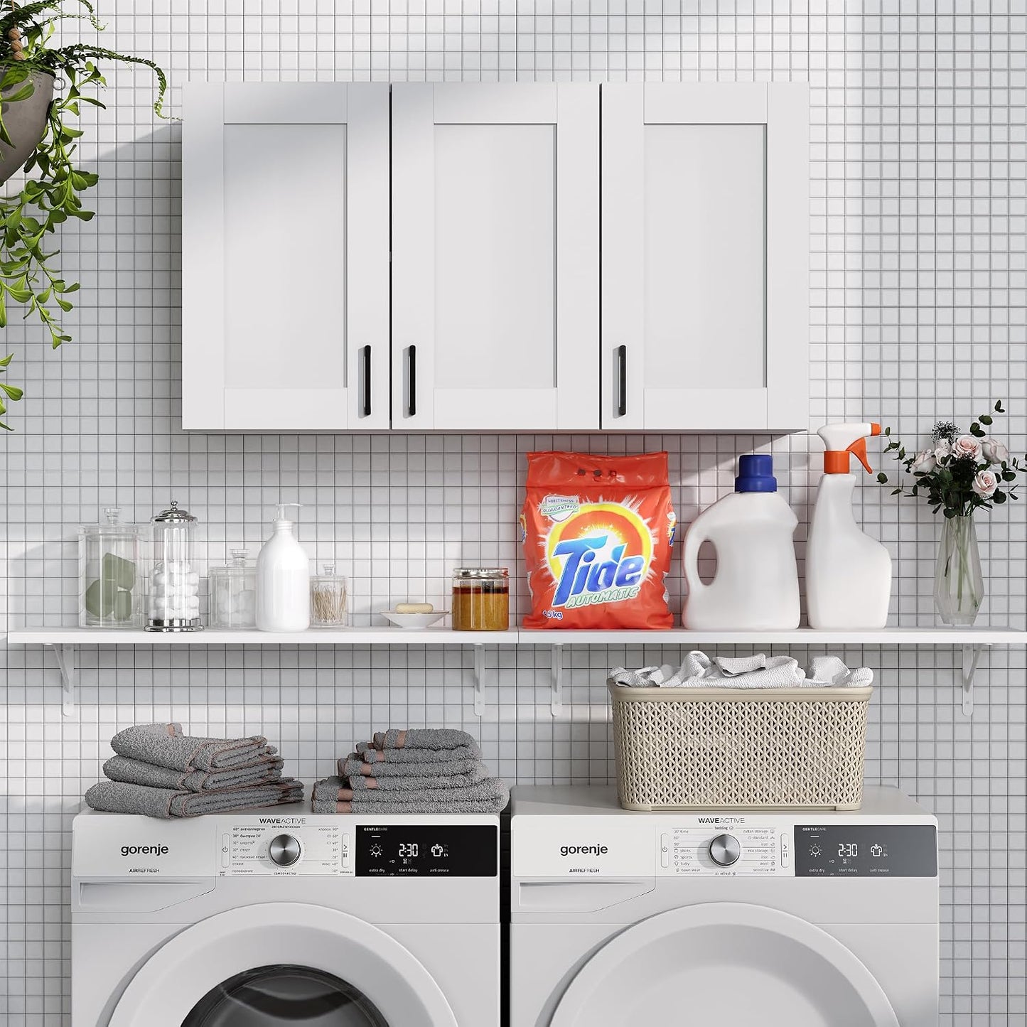 White Laundry Room Cabinets and Storage with 4 Doors and Utility Adjustable Shelf，Gabinetes Para Cocina Cupboard Kitchen Organizers and Storage Pantry Wall Mounted 12.4"D x 47.2"W x 19.7"H