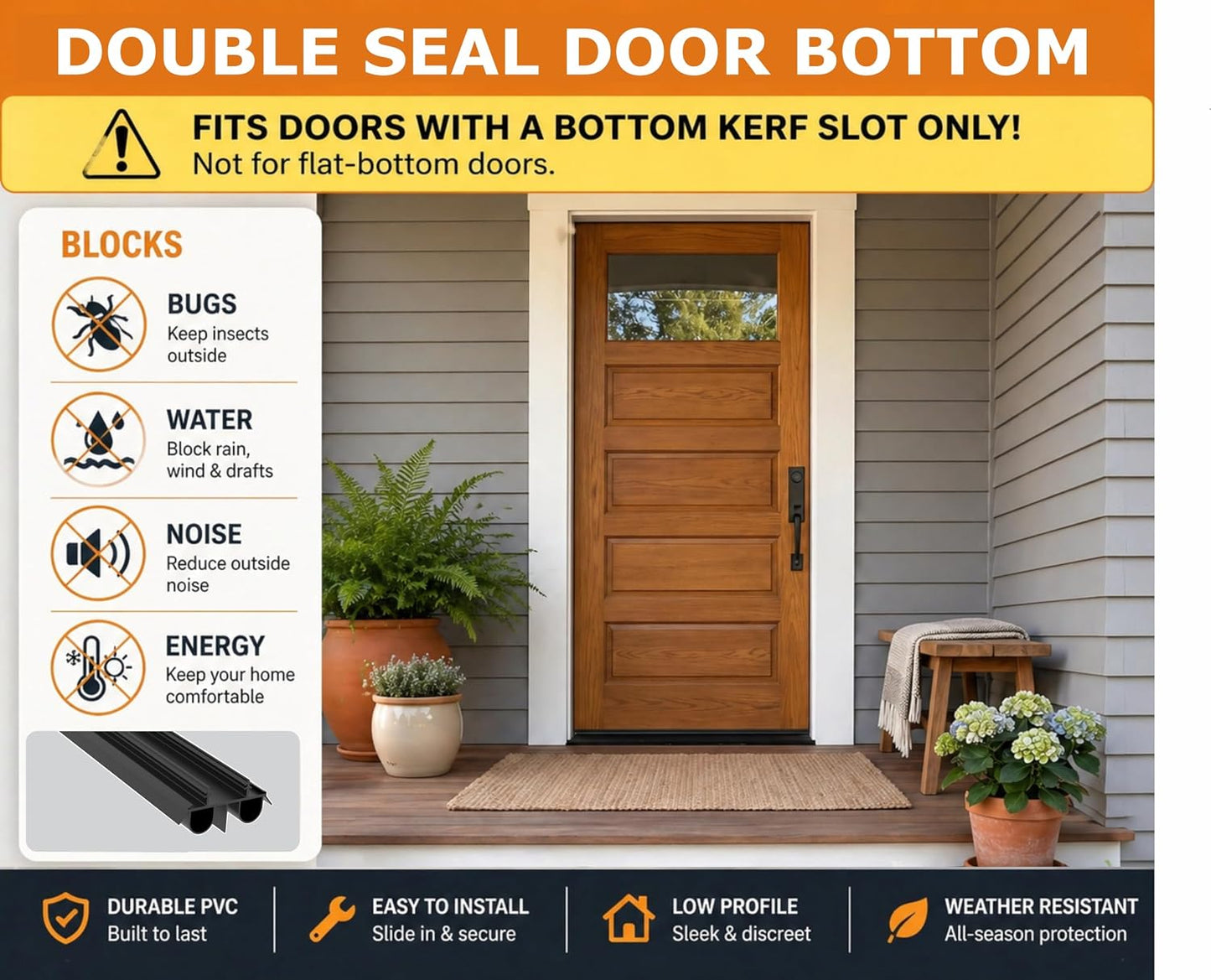 Exterior Door Sweep [2 Pack] – 36 Inch Kerf Weather Stripping with Dual Air Tube Seal & Vinyl Fins | Under Door Bottom Seal Strip for Exterior Doors with Kerf Track | Quiet & Tight Fit
