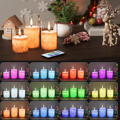 Battery Operated Flameless Candles with Remote & Timer, Gold Glass 3Pack | Real Wax Crystal Texture, D3×H4/5/6", 2/4/6/8H Timer, Dimming, Flickering Realistic LED Candles for Wedding Table Decor