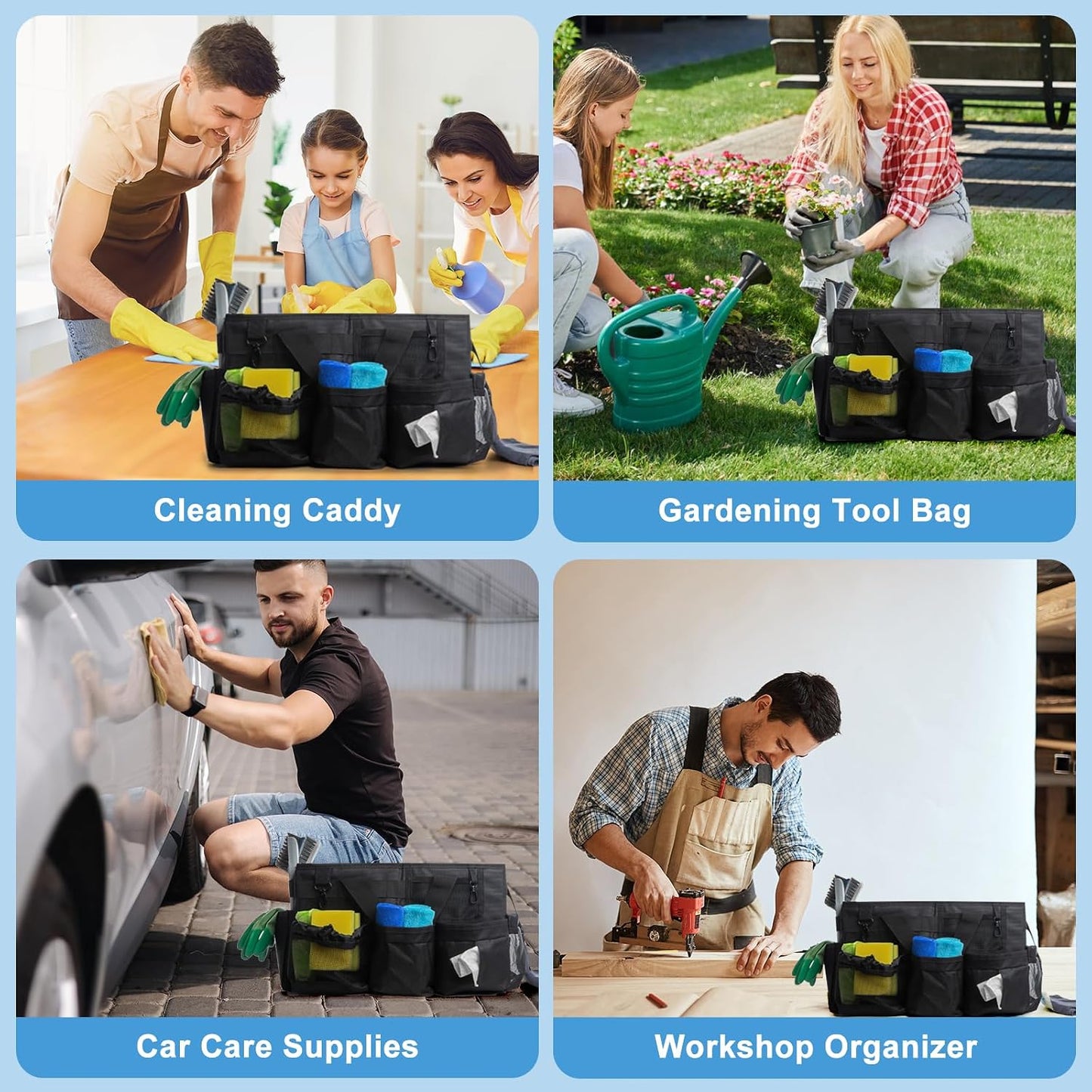 Large Wearable Cleaning Caddy Bags, Cleaning Supplies Organizer with Adjustable Shoulder Straps & Divider, 14 inch Black Tool Bag for Housekeepers & Cleaners