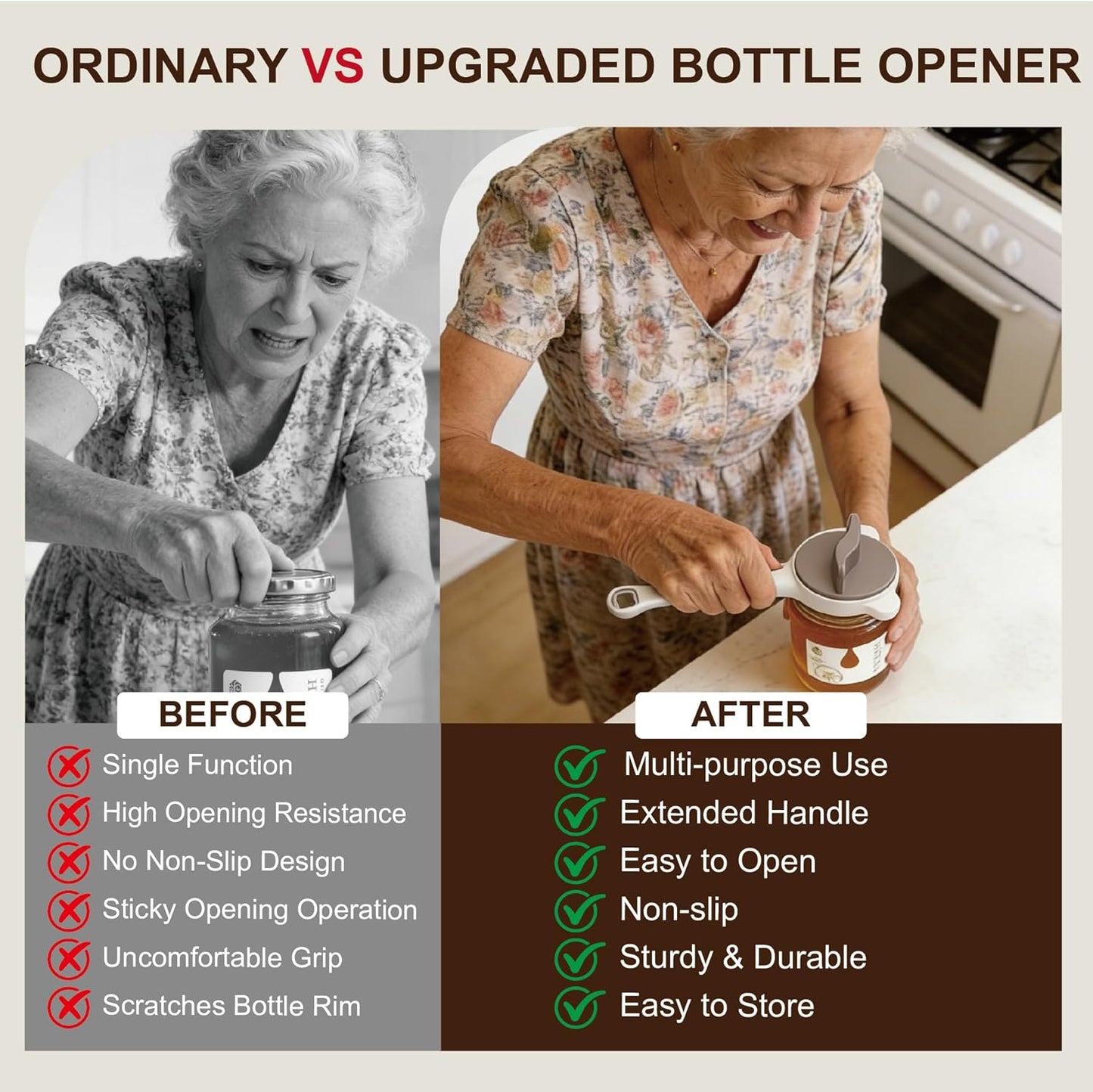 4-in-1 Jar Opener for Seniors & Weak Hands, Adjustable Stainless Steel Opener for Jars, Beer Bottles, and Salad Dressing – Easy-Grip Kitchen Tool (White)