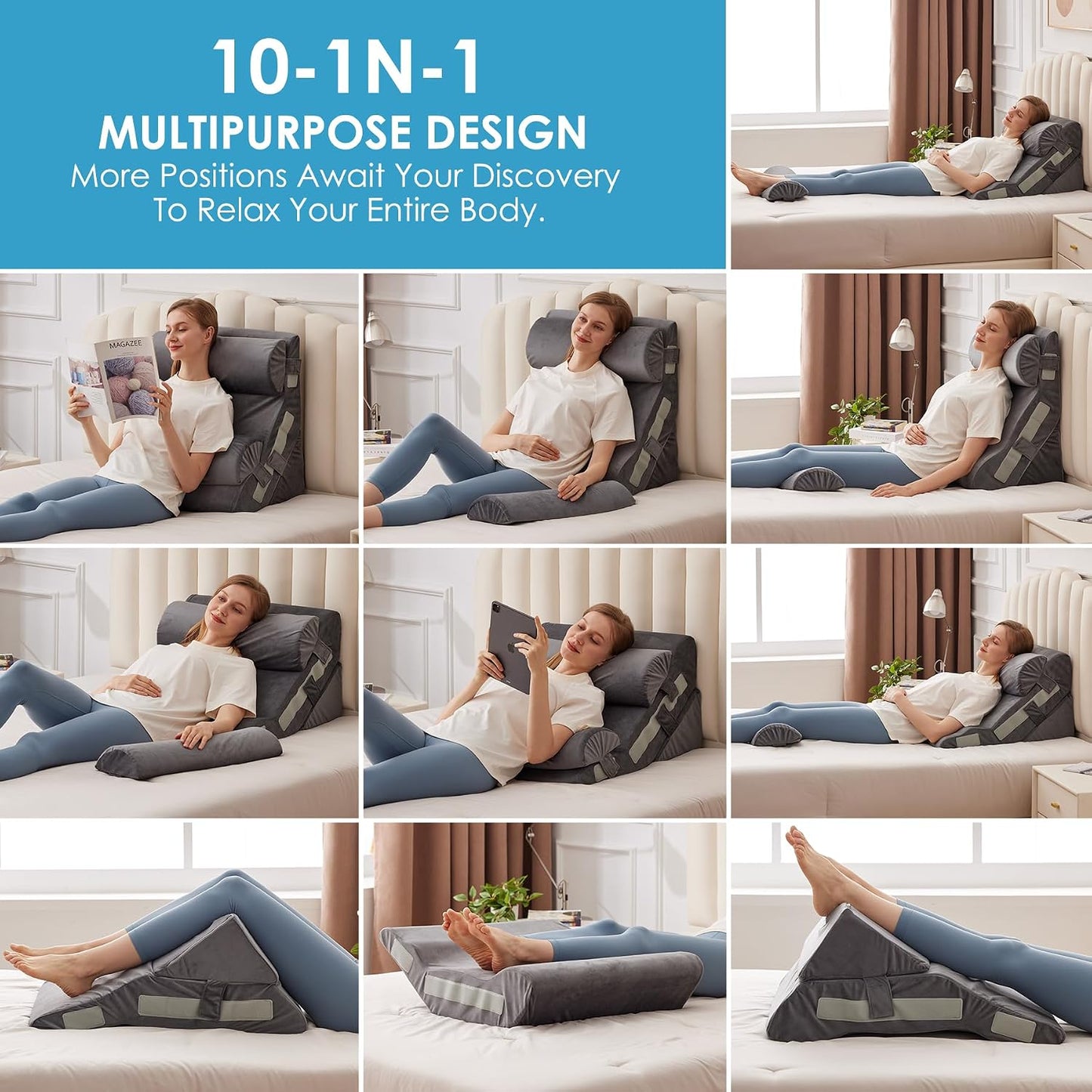 MEGCXIT 3PCS Bed Wedge Pillow for Headboard, Adjustable Wedge Pillow for Sleep Apnea, 23” Wide Triangle Pillow Wedge Set for After Surgery, Acid Reflux Relief, Snoring, Neck&Back Support, White/Grey