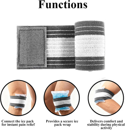 4-Pack Ice Pack Strap,Stretchable- 35.5"x3" Adjustable Hook and Loop Elastic Holder & Resuable Extender Belt for Secure Ice Pack Wrap, Blue